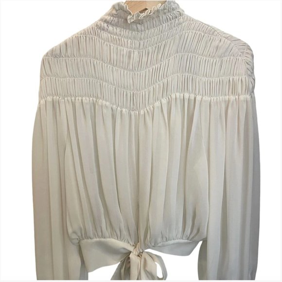 FRAME Sheer Chiffon Smocked Long Puff Sleeve Mock Neck Tie Back Waist Top - Picture 3 of 3